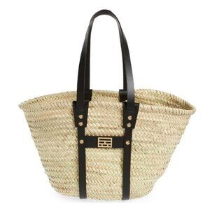 Frame Natural Woven Straw Tote Bag NWT Black Leather Trim